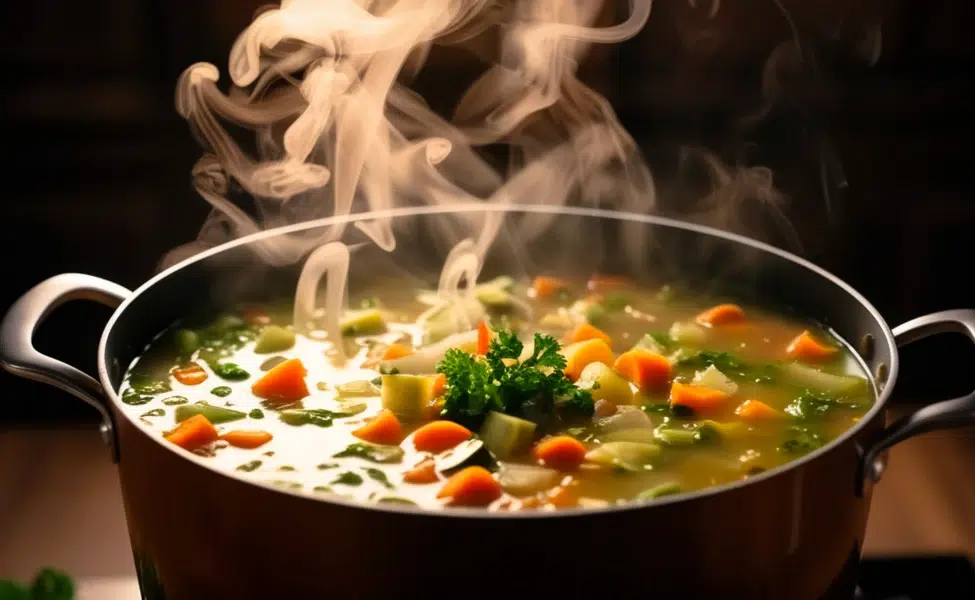 A large pot of vegetable soup, ready to be divided into portions